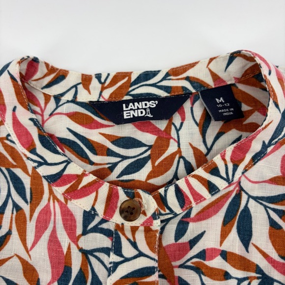 Lands' End Tops - Lands End Womens 100% Linen Band Collar Leaf Print Lg Sleeve Tunic Shirt M 10-12